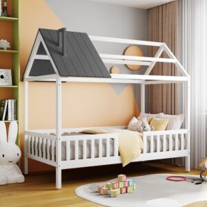 bellemave twin house bed kids montessori beds playhouse bed tent bed, solid wood platform bed frame with fence and roof for kids teens girls boys (white+gray)