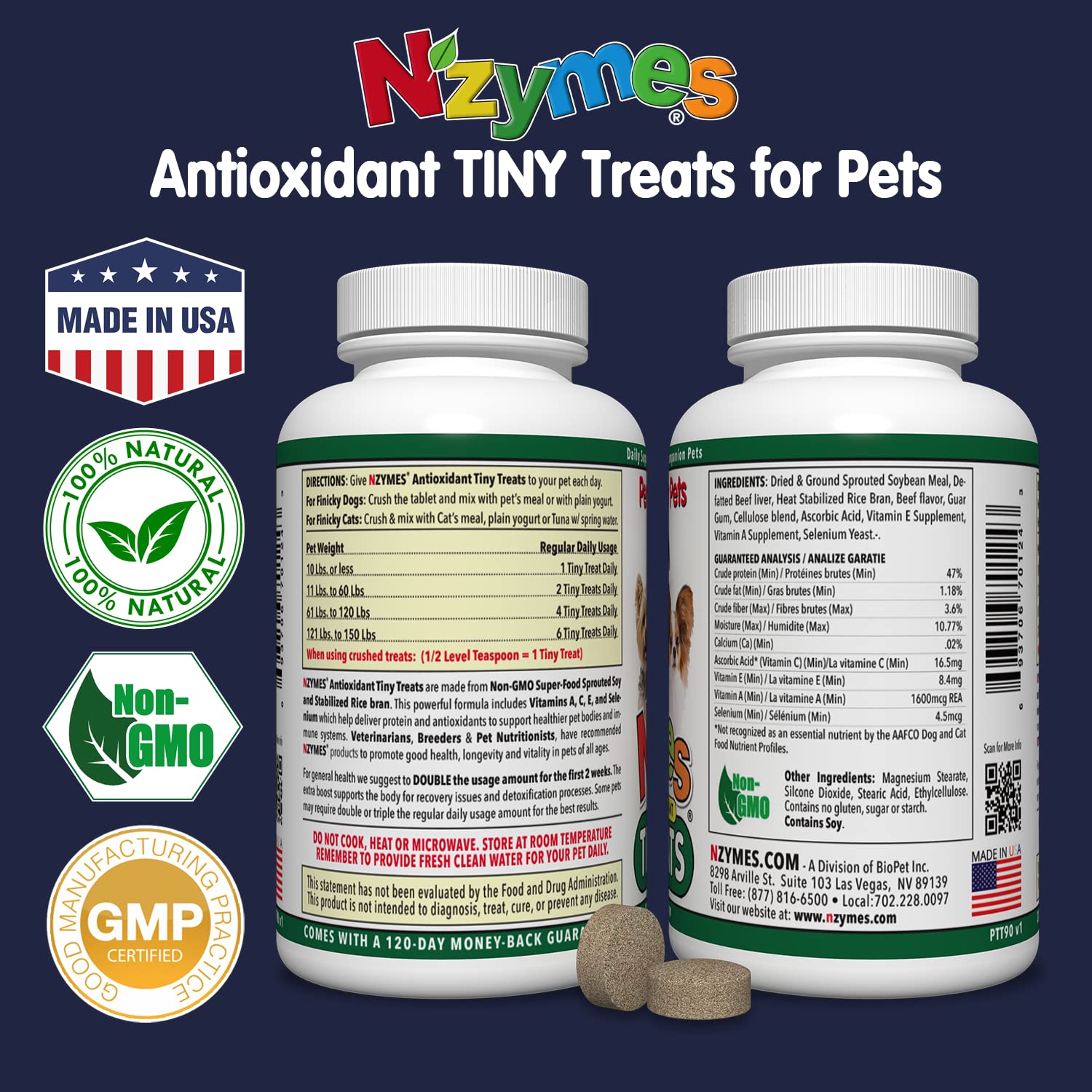 Nzymes® Antioxidant Tiny Treats - for Dogs Joints, HIPS, Paralysis, Skin, Coat, Hair Loss, Aging, Digestion, Seizures - Dog Treats for Small Dogs - 90 Treats - Made in The USA