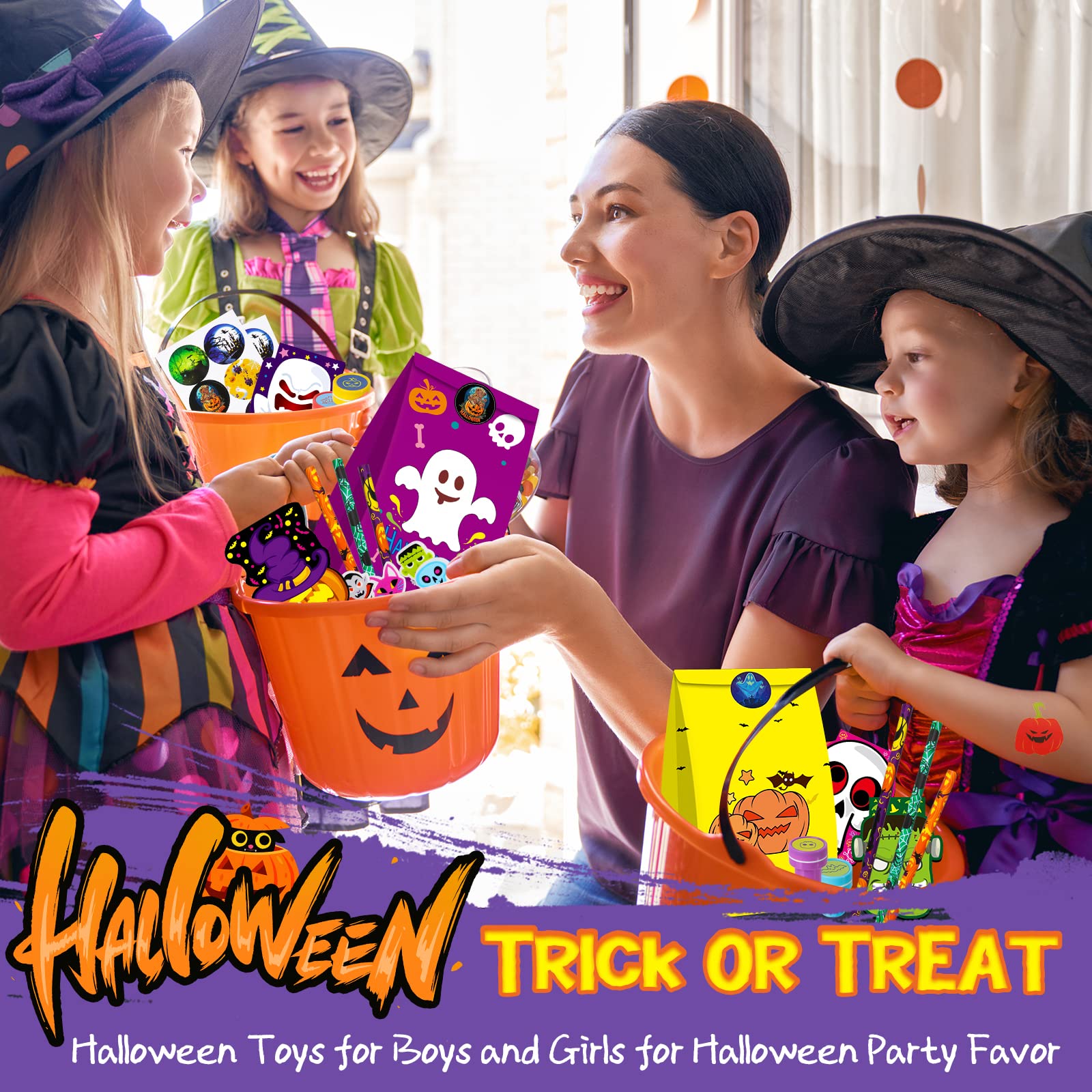 OCHIDO Halloween Party Favors for Kids-168pcs Stationery Gift Kit,Halloween Goodie Bags Fillers Bulk,Trick Or Treat , Halloween Bag,Pencil, Eraser, Notepad, Stamper, Sticker and Temporary Tattoos