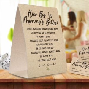 Kraft Paper How Big is Mommy's Belly Sign,Guess Mommy's Belly Size Game Kit (1 Standing Sign + 50 Guessing Cards + 3 measuring tapes), Baby Showers Decorations-NPZHB03