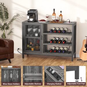 Homieasy Wine Bar Cabinet with Power Outlets, Industrial Bar Cabinets for Liquor and Glasses, Farmhouse Mini Coffee Bar Liquor Cabinet Bar for Home with Removable Wine Racks, Balck Oak