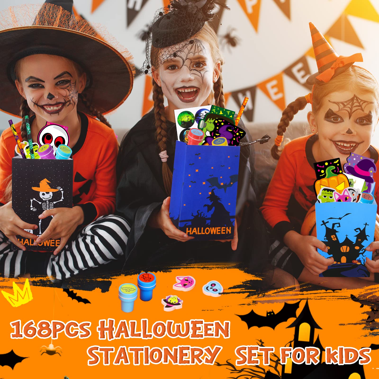 OCHIDO Halloween Party Favors for Kids-168pcs Stationery Gift Kit,Halloween Goodie Bags Fillers Bulk,Trick Or Treat , Halloween Bag,Pencil, Eraser, Notepad, Stamper, Sticker and Temporary Tattoos