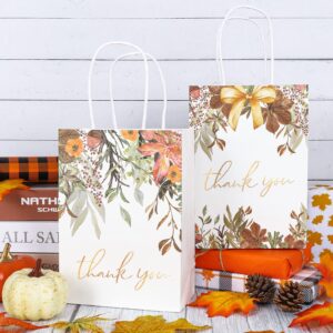 AnyDesign 16Pcs Thanksgiving Gift Bags Fall Thank You Treat Bag Maple Leaves Pumpkin Pattern Wedding Bags with Handle Foil Gold Day Bag for Birthday Bridal Baby Shower Party Favor, 5.9 x 8.3 x 3.2