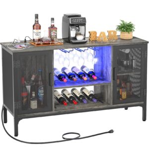 homieasy wine bar cabinet with led lights and power outlets, industrial coffee bar cabinet for liquor and glasses, farmhouse bar cabinet with removable wine racks, black oak