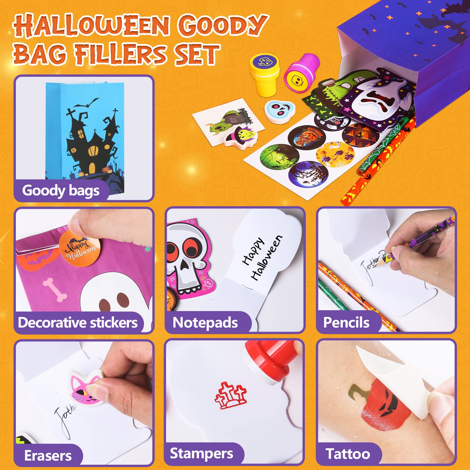 OCHIDO Halloween Party Favors for Kids-168pcs Stationery Gift Kit,Halloween Goodie Bags Fillers Bulk,Trick Or Treat , Halloween Bag,Pencil, Eraser, Notepad, Stamper, Sticker and Temporary Tattoos