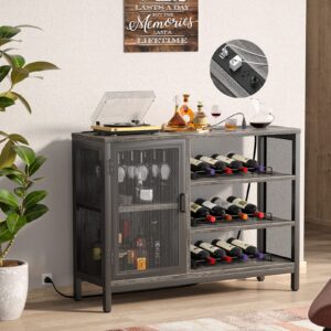 Homieasy Wine Bar Cabinet with Power Outlets, Industrial Bar Cabinets for Liquor and Glasses, Farmhouse Mini Coffee Bar Liquor Cabinet Bar for Home with Removable Wine Racks, Balck Oak