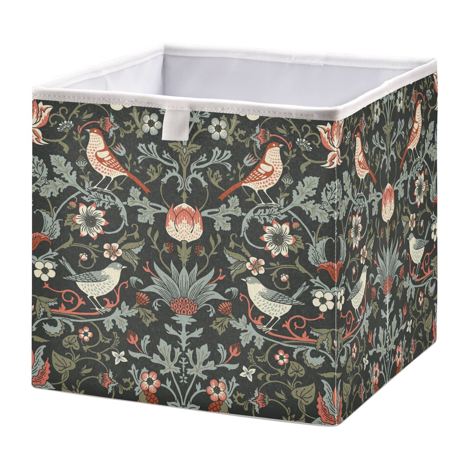 Oyihfvs William Morris Flowers Birds On Dark Rectangular Collapsible Open Storage Bins, Foldable Toy Nursery Basket Bin Cloth Cube Organizer with Handles for Shelves Closet