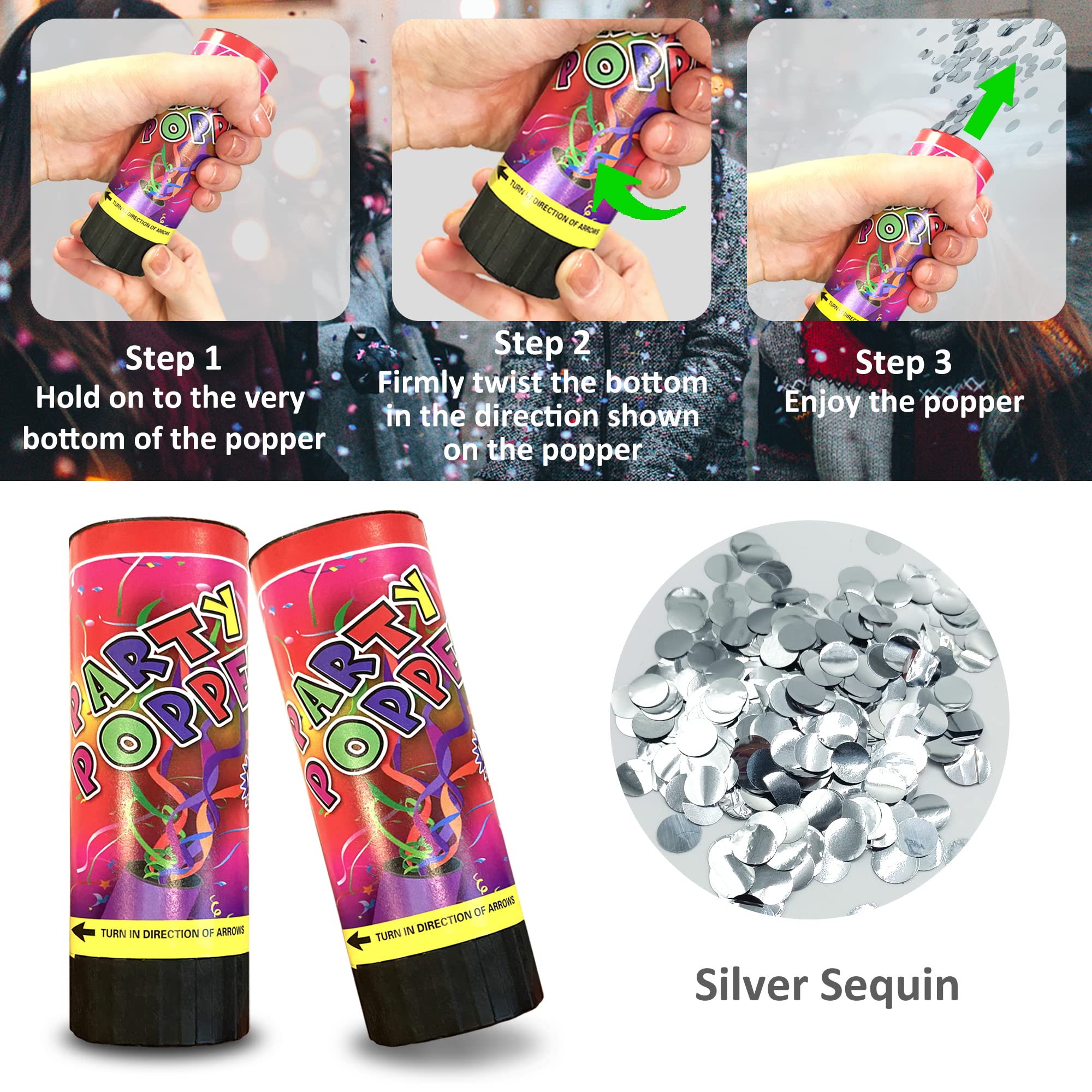 Confetti Poppers Cannons for Wedding Birthday Graduation Baby Shower Kids Fun Party Supplies Decorations and Favors (Silver)