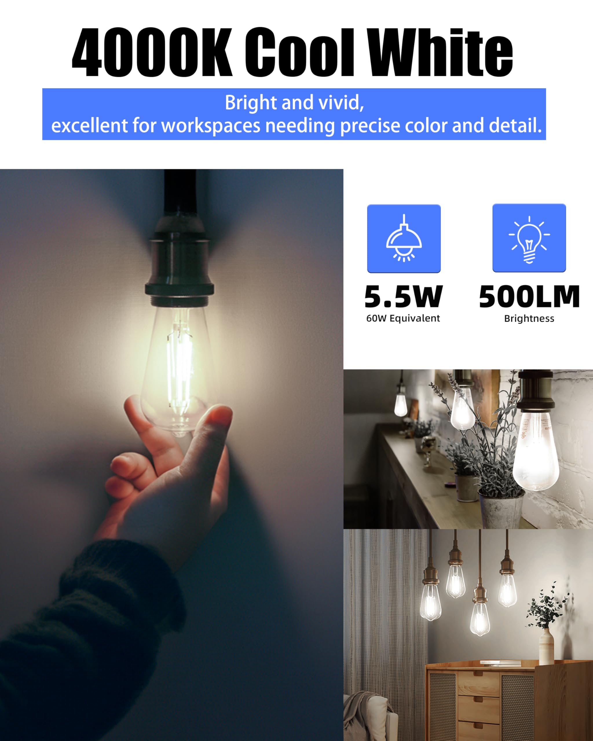 Lumiverse Edison Light Bulbs 60 Watt, 4000K Cool White, Non-Dimmable, Vintage Light Bulbs, E26 Medium Base ST19 Antique LED Filament Bulbs, Clear Glass, Pack of 6