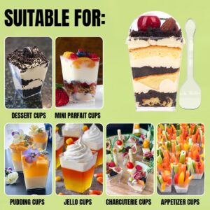 YunKo 5oz Square Clear Plastic Dessert Cups with Lids and Spoons, Mini Parfait Cups for Cheesecake, Yogurt, Jello, Mousse, and Snacks