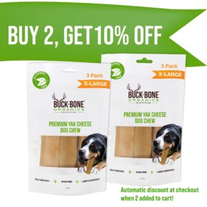 Buck Bone Organics Yak Cheese Chews for Dogs, All Natural Himalayan Yak Chew, Long Lasting Pet Treats, Odor Free, with Limited Ingredients (3 Ex Large Sticks)