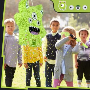 Halloween Piñata Set with Blindfold Piñata Stick and Confetti Funny Party Favors Green Devil Shape Bash Piñata for Kids Halloween Birthday Party Decoration Supplies, Baby Shower, 15.75 x 9.06 Inches