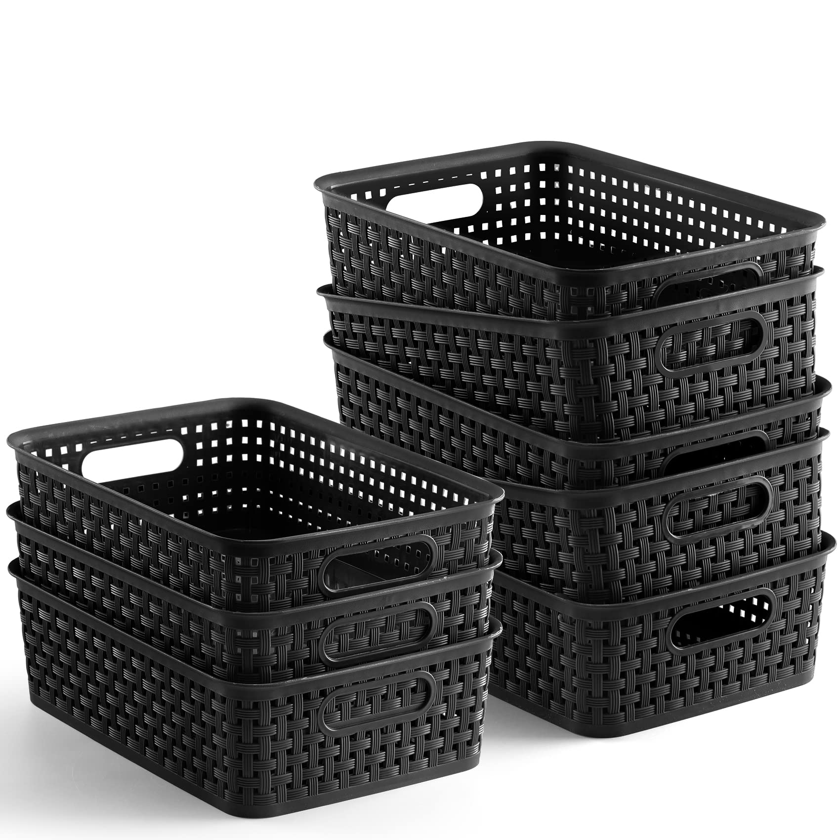 [ 8 Pack ] Plastic Storage Baskets - Small Pantry Organization and Storage Bins - Household Organizers for Laundry Room, Bathrooms, Kitchens, Cabinets, Countertops, Under Sink or On Shelves - Black