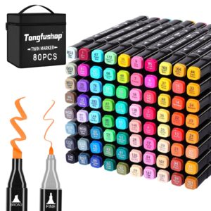 tongfushop 80 colors alcohol markers, double tip blender art drawing markers set, professional permanent sketch markers for artist adult coloring illustrations with organizing case, pad