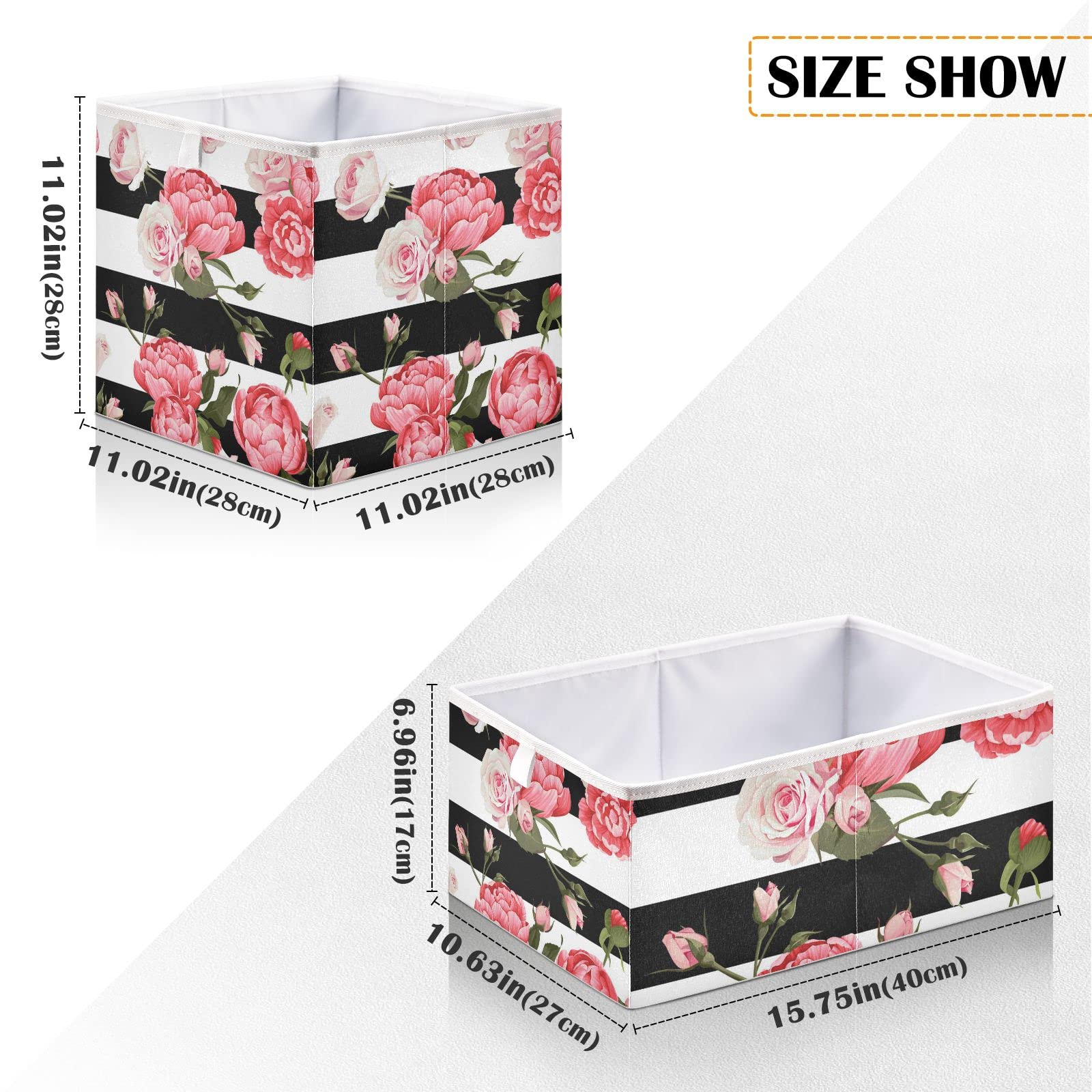 Oyihfvs Floral Peony and Roses Flowers On Black White Stripes Rectangular Collapsible Open Storage Bins, Foldable Toy Nursery Basket Bin Cloth Cube Organizer with Handles for Shelves Closet