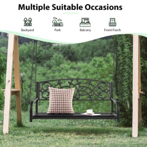 Giantex Patio Metal Porch Swing, 2-Person Hanging Porch Swing Bench with Sturdy Chains & Retro Pattern Backrest, 485 Lbs Weight Capacity Loveseat for Garden, Yard, Front, Outdoor Swing Chairs (Black)