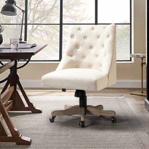 modern tufted armless home office chair, comfy upholstered desk chair with vintage wood base, height adjustable swivel computer task chair for living room bedroom, beige