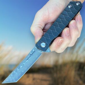 TACTICAL GEARZ Damascus Pocket Folding Knife, Solid Titanium Handle! 67 Multi Layers Damascus VG10 Steel Tanto Blade! (Saint DXT Beast Bundle)