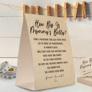 Kraft Paper How Big is Mommy's Belly Sign,Guess Mommy's Belly Size Game Kit (1 Standing Sign + 50 Guessing Cards + 3 measuring tapes), Baby Showers Decorations-NPZHB03