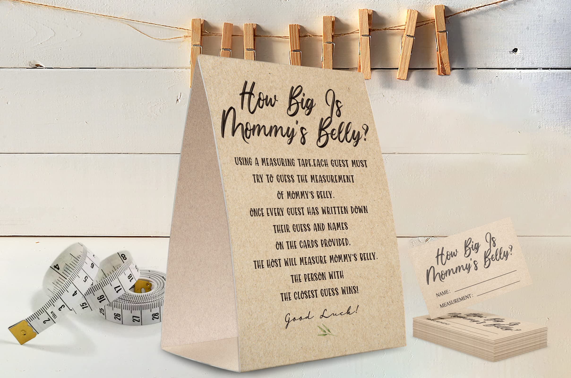 Kraft Paper How Big is Mommy's Belly Sign,Guess Mommy's Belly Size Game Kit (1 Standing Sign + 50 Guessing Cards + 3 measuring tapes), Baby Showers Decorations-NPZHB03