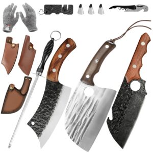 fullhi 11pcs serbian chefs knife set - hand forged boning knife, high carbon steel chef's knife, full tang bone cleaver with sheath, serbian cleaver for outdoor camping, bbq, kitchen