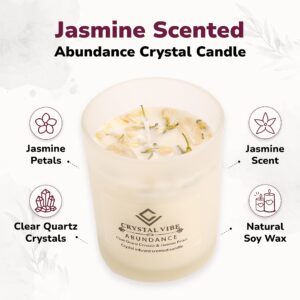 Crystal Vibe Jasmine Scented Candle With Clear Quartz Crystals and Jasmine Petals for Aromatherapy Mditation - Attract Abundance - Natural Soy Candle Gifts for Christams Birthdays