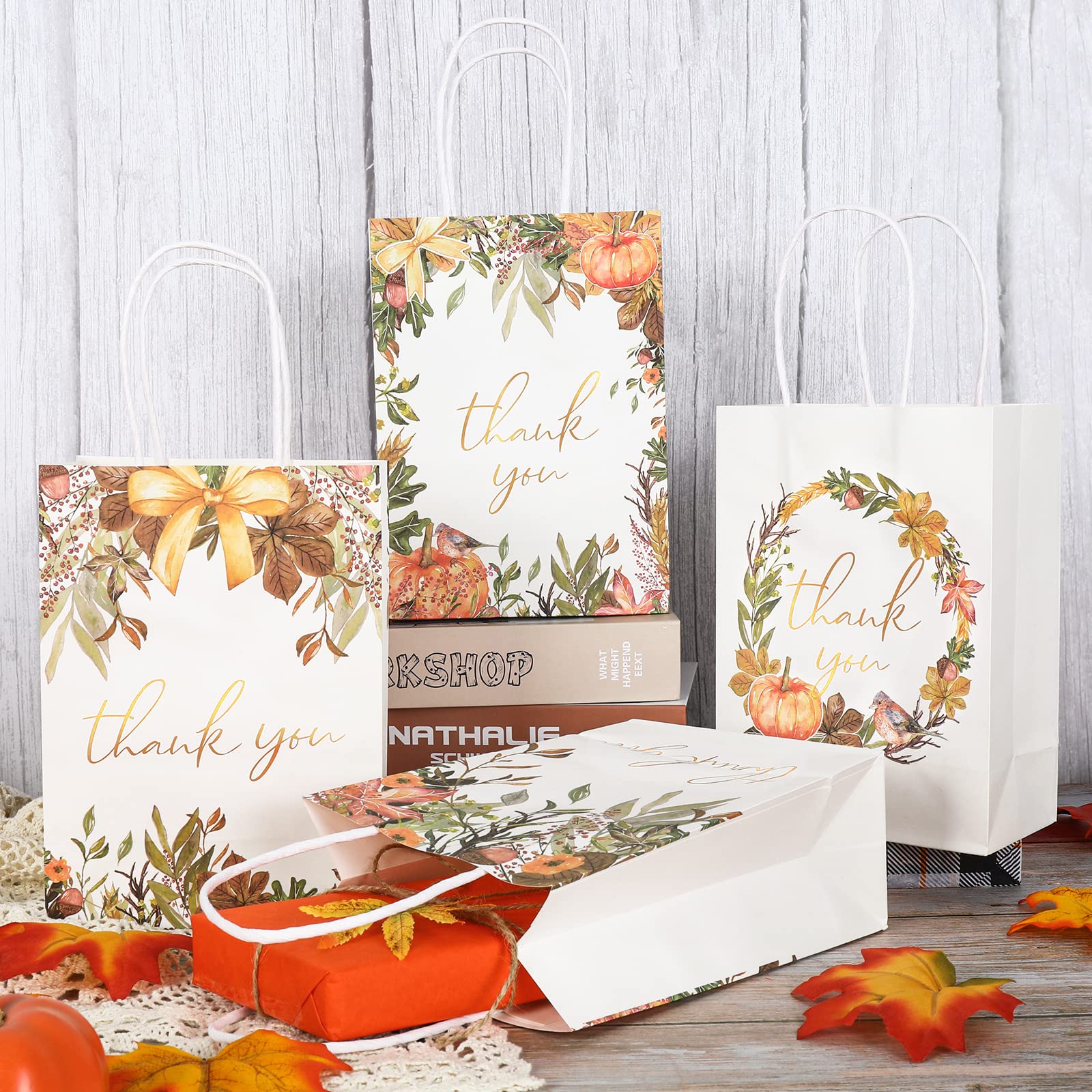 AnyDesign 16Pcs Thanksgiving Gift Bags Fall Thank You Treat Bag Maple Leaves Pumpkin Pattern Wedding Bags with Handle Foil Gold Day Bag for Birthday Bridal Baby Shower Party Favor, 5.9 x 8.3 x 3.2