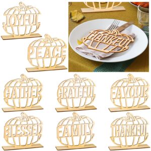 vicenpal 9 pcs thanksgiving wood cutout cards sign place setting thankful grateful gather gratitude love peace signs rustic letter with holder base for table decoration(twigs)