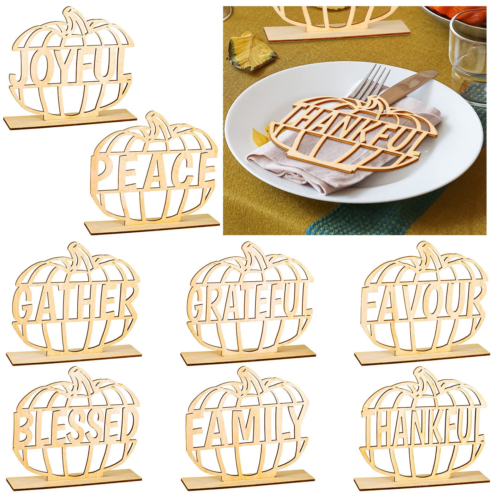 Vicenpal 9 Pcs Thanksgiving Wood Cutout Cards Sign Place Setting Thankful Grateful Gather Gratitude Love Peace Signs Rustic Letter with Holder Base for Table Decoration(Twigs)