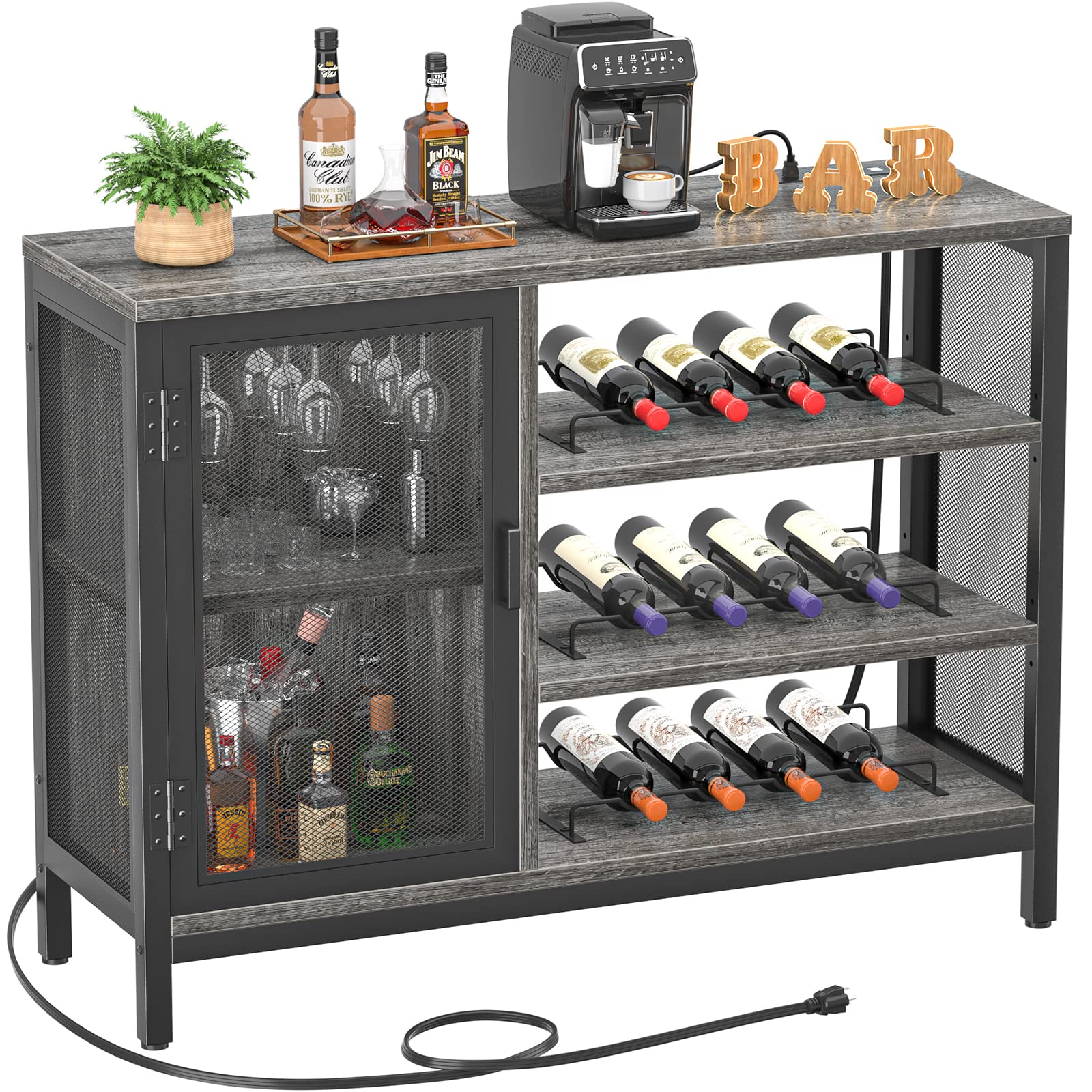 Homieasy Wine Bar Cabinet with Power Outlets, Industrial Bar Cabinets for Liquor and Glasses, Farmhouse Mini Coffee Bar Liquor Cabinet Bar for Home with Removable Wine Racks, Balck Oak