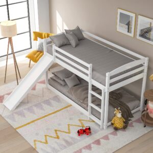 Twin Low Bunk Bed, Solid Wood Twin Over Twin Bunk Bed Frame with Full Guardrails & Integrated Ladder, Floor Twin Bunk Beds for Kids Boys and Girls, No Box Spring Needed(White with Convertible Slide)