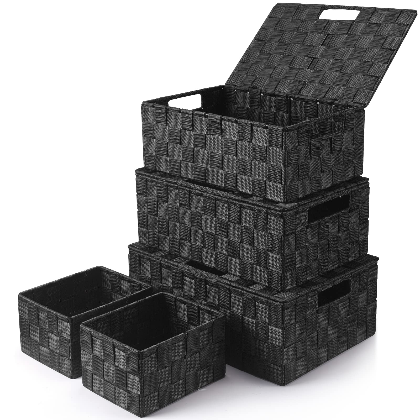 Uvellgift Storage Bins with Lids, Woven Storage Box Organizer Containers Decorative Baskets Cube for Clothes Bedroom Closet Office (5 Pack, Black)