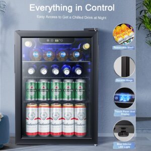 Antarctic Star 2.6cu.ft Mini Fridge 100 Can Beverage Refrigerator Wine Cooler/Cabinet Small Beer Soda Glass Door Counter Top Bar Fridge Freestanding Black