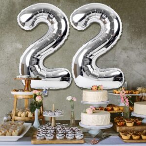 Huge Silver Balloon Number 22,40 Inch Silver 22nd Mylar Foil Helium Birthday Decoration Balloons，Silver 22 Balloons For Wedding Anniversary Birthday Party Decors,22Year Old Men Women Birthday Balloons