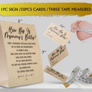 Kraft Paper How Big is Mommy's Belly Sign,Guess Mommy's Belly Size Game Kit (1 Standing Sign + 50 Guessing Cards + 3 measuring tapes), Baby Showers Decorations-NPZHB03