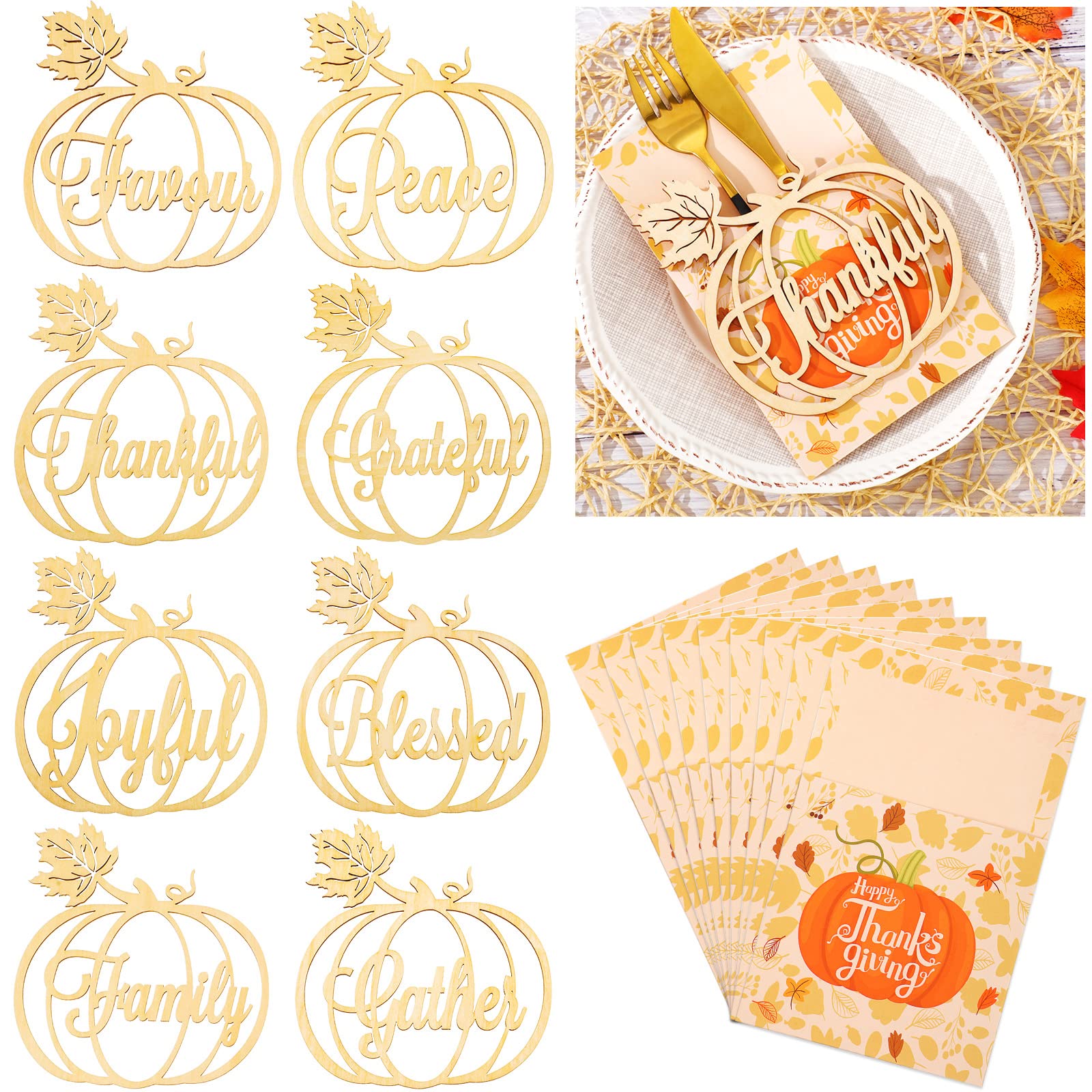 18 Set Thanksgiving Plate Decor 9 Fall Thankful Cutlery Utensil Holders with 9 Maple Pumpkin Turkey Wood Place Cutouts Sign Gold Grateful Blessed Gather Autumn Table Plate Sign (Maple,Pumpkin)