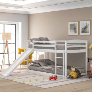 Twin Low Bunk Bed, Solid Wood Twin Over Twin Bunk Bed Frame with Full Guardrails & Integrated Ladder, Floor Twin Bunk Beds for Kids Boys and Girls, No Box Spring Needed(White with Convertible Slide)