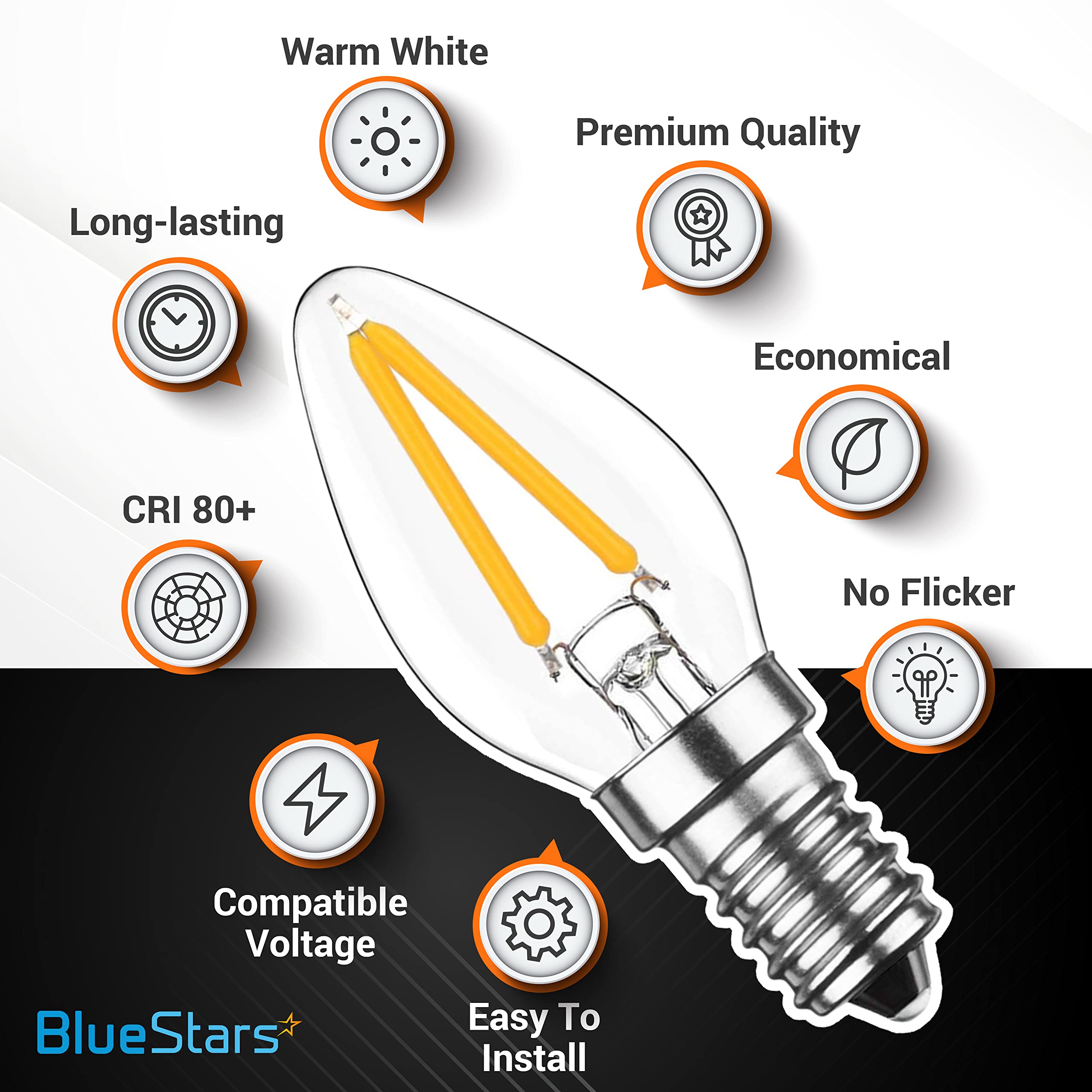 BlueStars 3W C7 E12 Candelabra Base LED Light Bulbs 120V, 15W Equivalent, 2700K Warm White, Clear Glass for Indoor Outdoor Christmas Holiday Home Decoration - Pack of 6