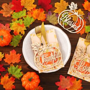 18 Set Thanksgiving Plate Decor 9 Fall Thankful Cutlery Utensil Holders with 9 Maple Pumpkin Turkey Wood Place Cutouts Sign Gold Grateful Blessed Gather Autumn Table Plate Sign (Maple,Pumpkin)