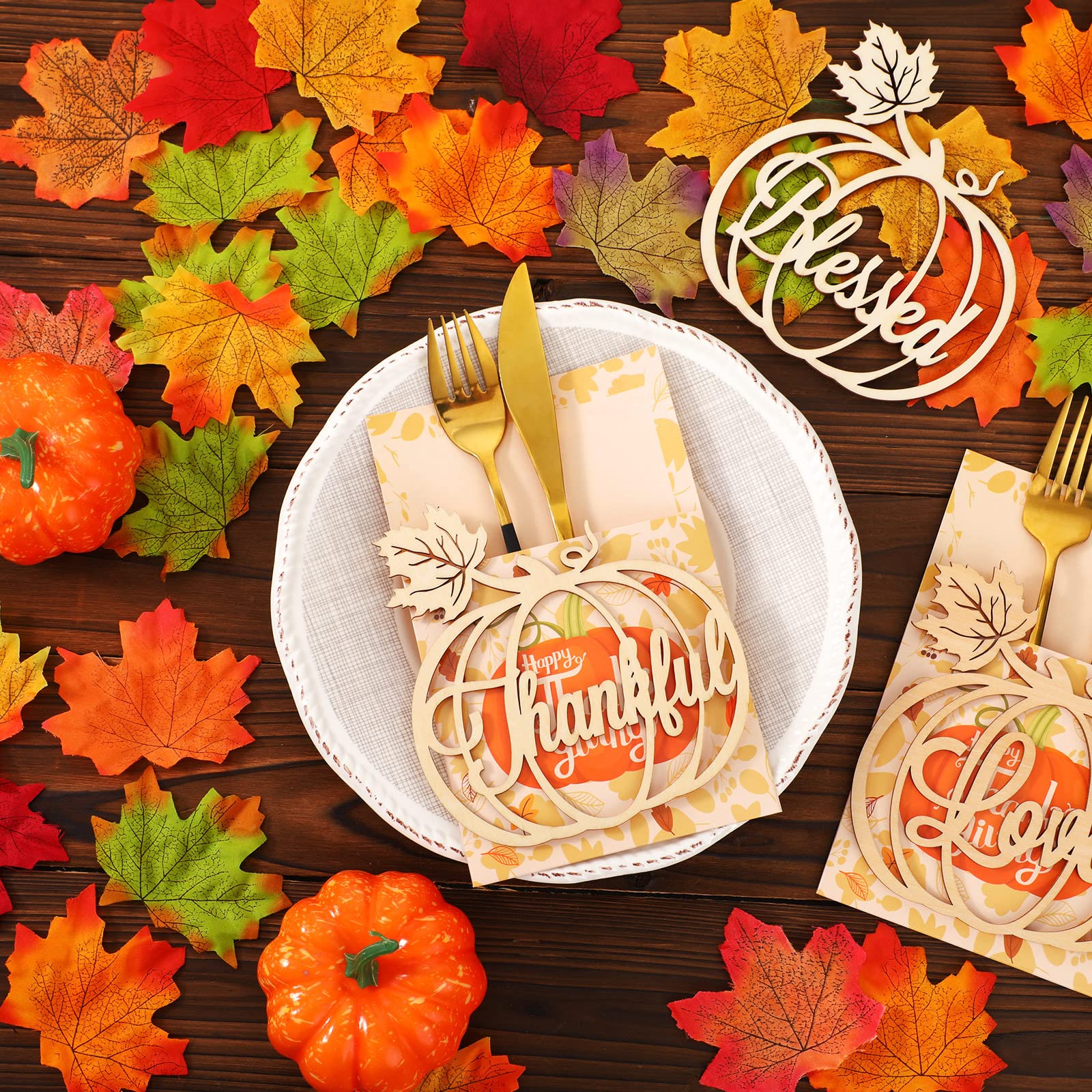 18 Set Thanksgiving Plate Decor 9 Fall Thankful Cutlery Utensil Holders with 9 Maple Pumpkin Turkey Wood Place Cutouts Sign Gold Grateful Blessed Gather Autumn Table Plate Sign (Maple,Pumpkin)