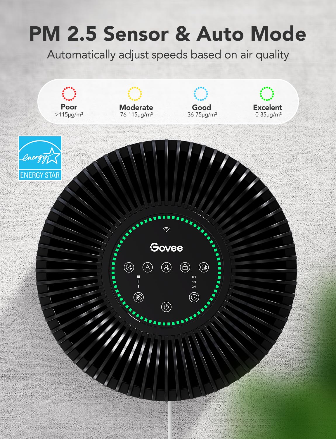 Govee Air Purifiers for Home Large Room Up to 1524 Sq.Ft, WiFi Smart Air Purifier with PM2.5 Monitor for Wildfire, H13 True HEPA Air Purifier for 99.97% Smoke, Pet Hair, Odors, 24dB Large Air Purifier