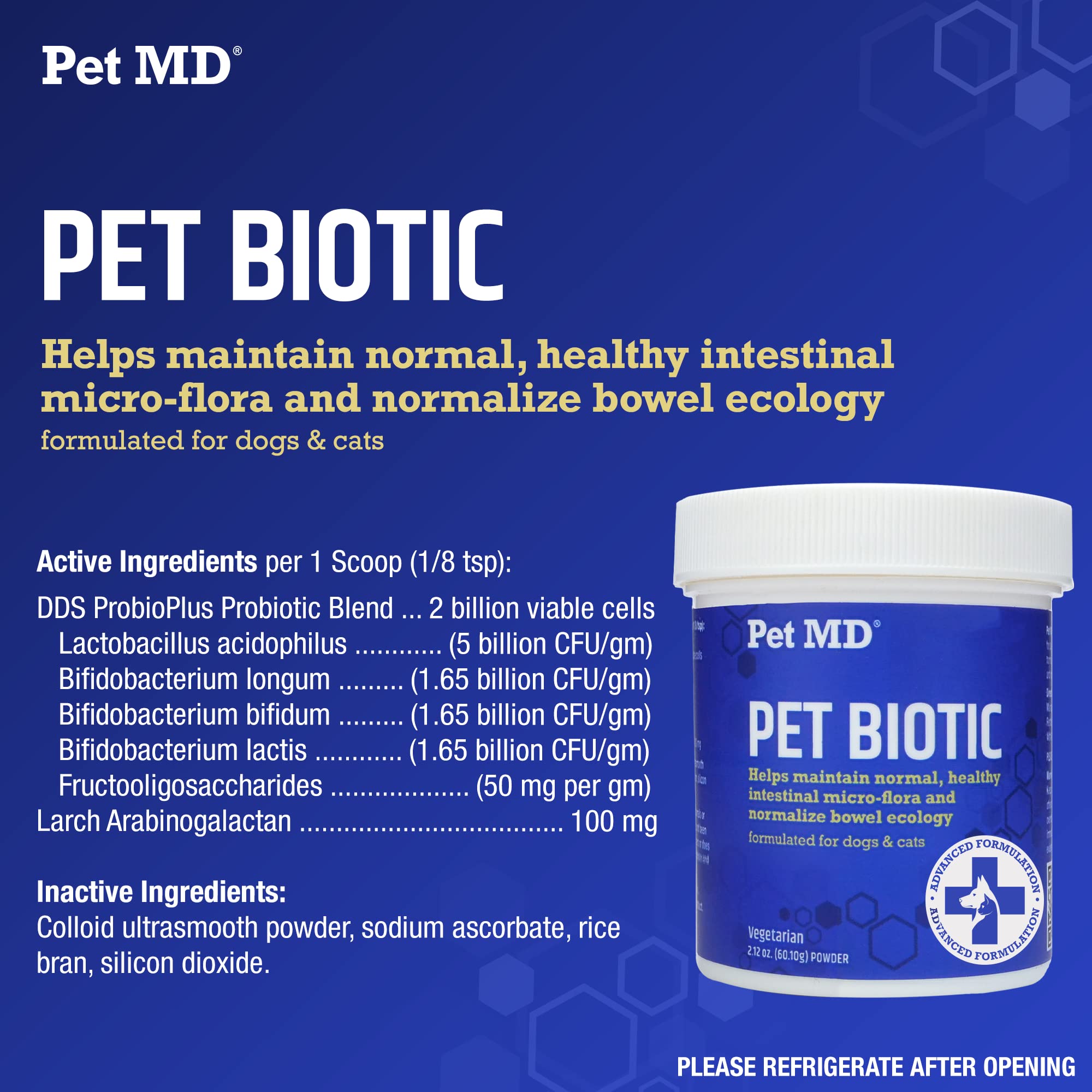 Pet MD Biotic Probiotics for Dogs & Cats - Prebiotic, Fiber, & Probiotic Powder - Gas, Constipation Relief, & Anti Diarrhea - Balance Digestive Flora & Restore Gut Health for Dogs & Cats - 2.12 oz