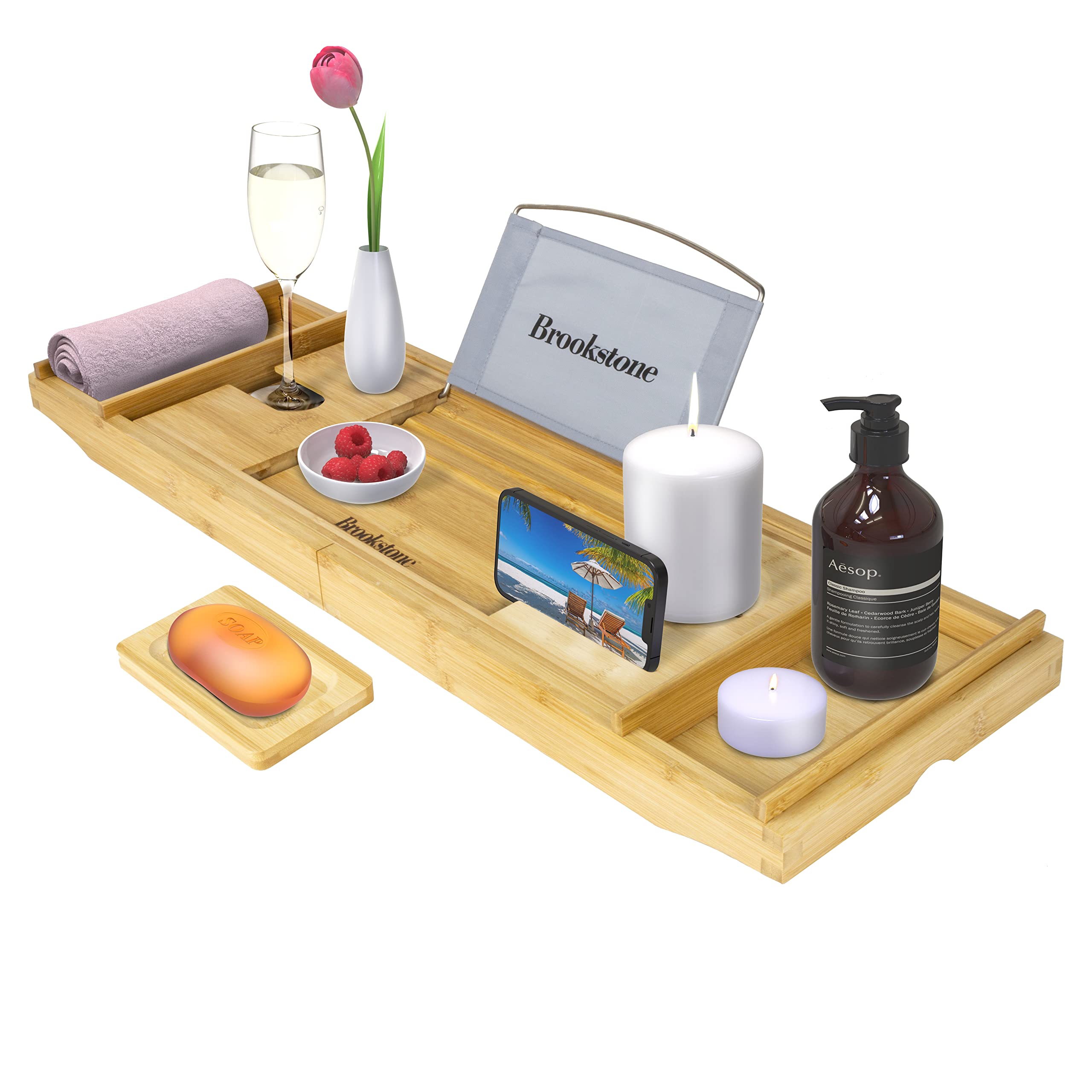 Brookstone, Over the Tub Bamboo Bath Caddy with Wine Holder, Bath Tray with Tablet, Phone, and Book Stand, Separate Soap Holder, Expandable up to 43 inches