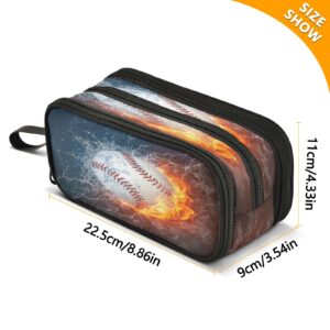 Baseball Ball in Fire and Water Pencil Case 3 Compartment Pen Bag Pouch Holder Box School Portable Stationery Storage Bag for Girls Boys