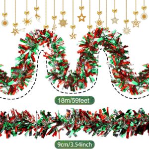 Dingion 59 Feet Christmas Tinsel Garland Metallic Twist Garland Ornaments Hanging Glitter Xmas Garland for Christmas Tree Indoor Outdoor Decoration Party Supplies(Silver, Red, Green)