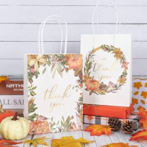 AnyDesign 16Pcs Thanksgiving Gift Bags Fall Thank You Treat Bag Maple Leaves Pumpkin Pattern Wedding Bags with Handle Foil Gold Day Bag for Birthday Bridal Baby Shower Party Favor, 5.9 x 8.3 x 3.2