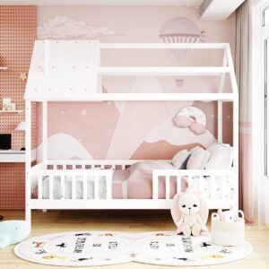 Bellemave House Bed Kids Montessori Beds Playhouse Bed Tent Bed, Solid Wood Platform Bed Frame with Fence and Roof for Kids Teens Girls Boys (White)