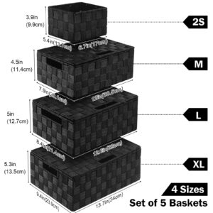 Uvellgift Storage Bins with Lids, Woven Storage Box Organizer Containers Decorative Baskets Cube for Clothes Bedroom Closet Office (5 Pack, Black)