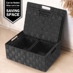 Uvellgift Storage Bins with Lids, Woven Storage Box Organizer Containers Decorative Baskets Cube for Clothes Bedroom Closet Office (5 Pack, Black)