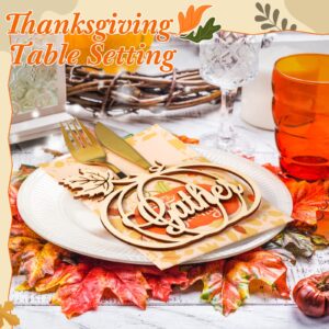 18 Set Thanksgiving Plate Decor 9 Fall Thankful Cutlery Utensil Holders with 9 Maple Pumpkin Turkey Wood Place Cutouts Sign Gold Grateful Blessed Gather Autumn Table Plate Sign (Maple,Pumpkin)